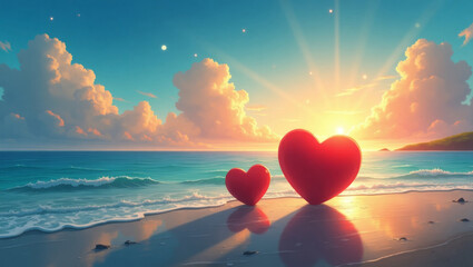 Beautiful sunset over a tranquil beach with large heart-shaped decorations