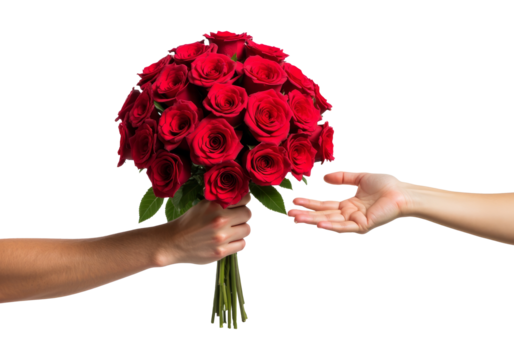 Red roses bouquet held by one hand and offered to another hand, isolated on transparent background, symbolizing love and affection. Flower delivery concept - Powered by Adobe