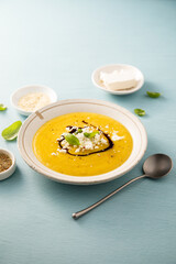 Homemade pumpkin soup with Feta cheese