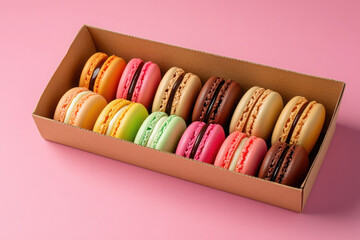 A colorful assortment of macarons displayed in a box on a pink background.