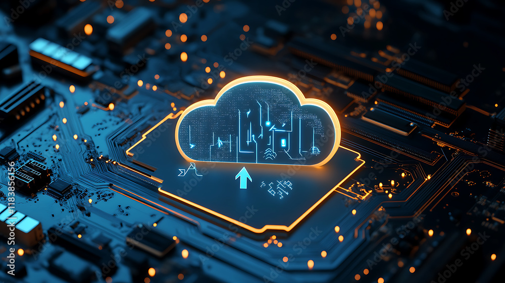 Aufkleber Cloud technologies and data storage concept with digital cloud sign with arrow up and circuit inside connected to motherboard on dark background, 3d rendering