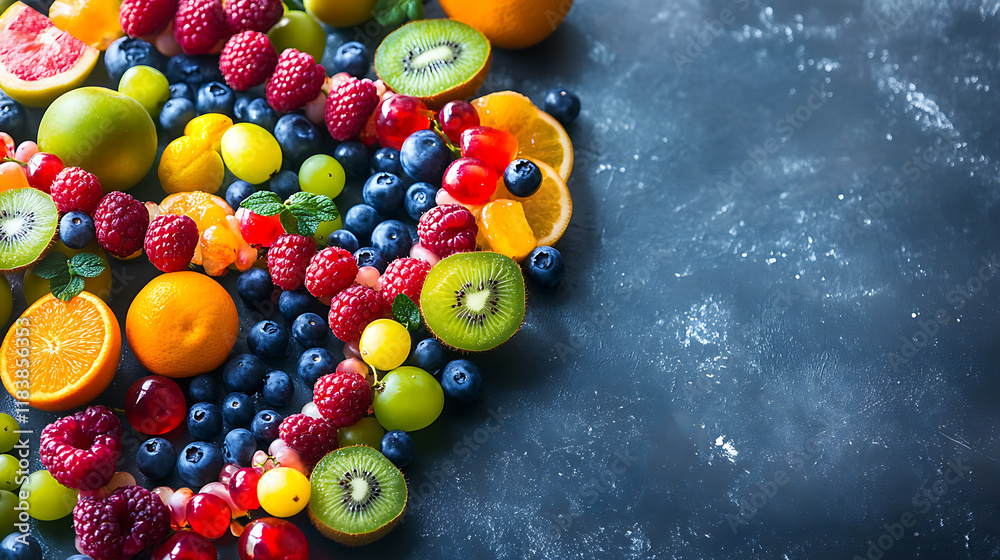 Aufkleber colorful fruits and berries meticulously placed to form a double helix, symbolizing the dna structur