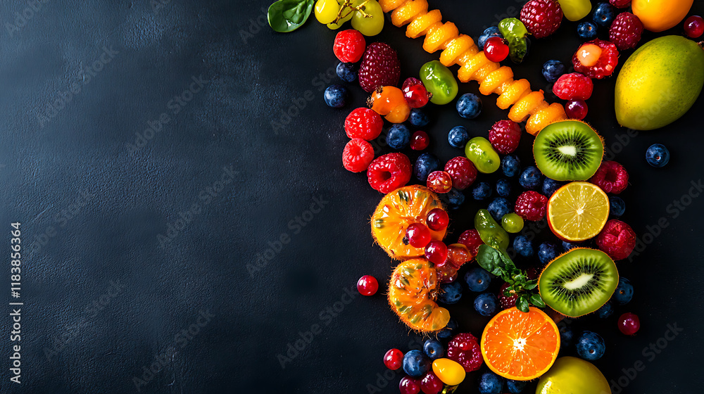 Poster colorful fruits and berries meticulously placed to form a double helix, symbolizing the dna structur