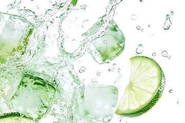 Water splash on white background with lime slices, mint leaves, and ice cubes as a concept for summertime libations -
