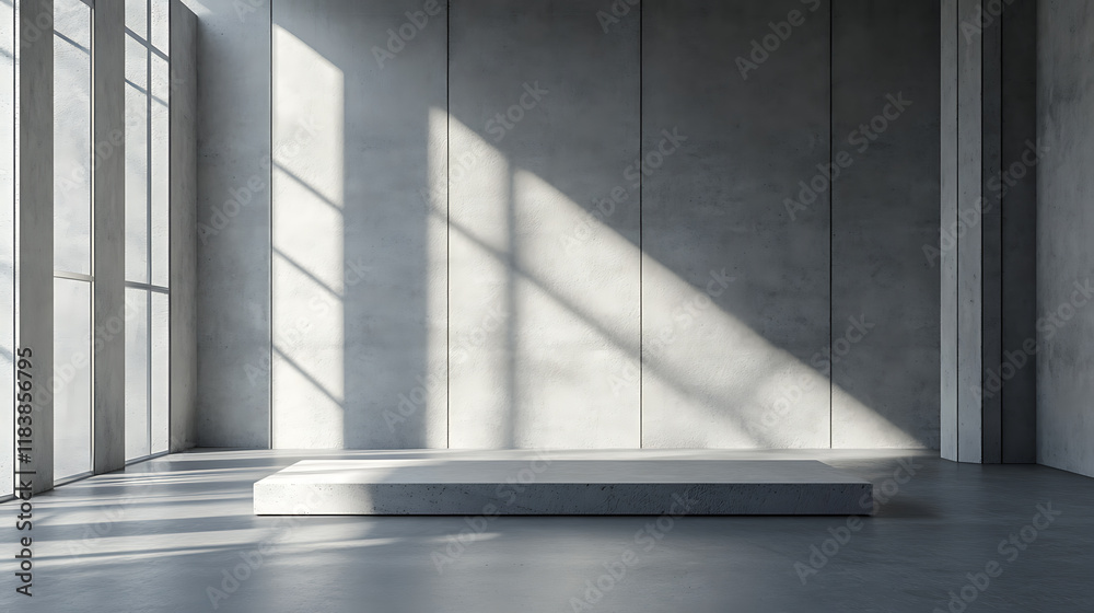 Poster contemporary concrete gallery interior with mock up place on wall and shadows, 3d rendering