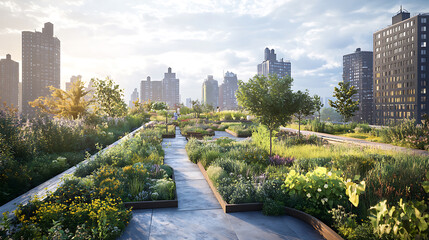 Obraz premium Concept of green roof oases, urban rooftops as vibrant, green spaces that contribute to biodiversity, provide cooling effects, and improve air quality, promoting city resilience
