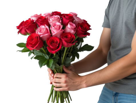 Bouquet of vibrant red and pink roses held by a man in casual attire, isolated on a transparent background, symbolizing love and romance. Flower delivery concept - Powered by Adobe