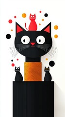 Elegant Black and White Cat Illustration with Colorful Accent Elements