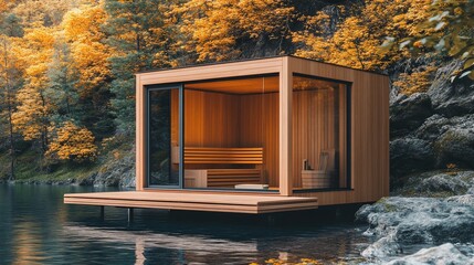 Modern wooden sauna on lake, autumn forest.