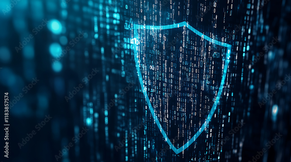 Poster Cyber security concept, shield with binary code background