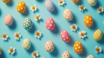 Fototapeta premium Colorful easter eggs and white flowers creating a festive pattern on a light blue background