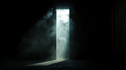 Dense smoke illuminated by a single shaft of light in a dark space, isolation and drama concept