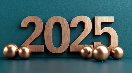 A photostock of futuristic holographic "2025" text surrounded by glowing orbs, set against a sleek dark blue background. High Quality