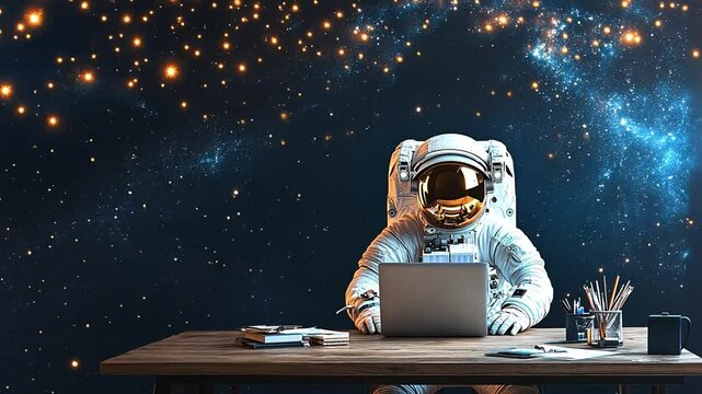 An astronaut sits at a desk using a laptop, immersed in deep space, surrounded by twinkling stars and vibrant galaxies. The cosmic backdrop is breathtaking.
