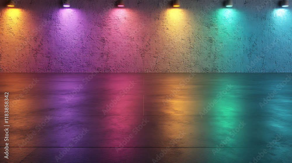 Aufkleber empty room with blank dark floor for your product presentation with reflection of colorful neon illu