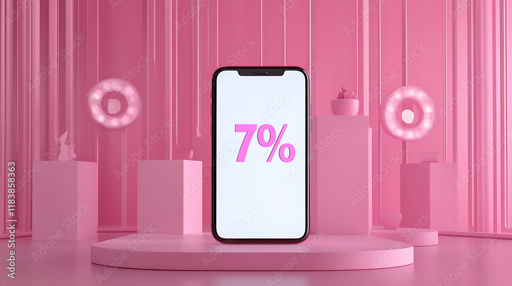 Aufkleber Empty white screen cellphone on creative pink product display on light background with glowing percentage signs, promotion sale, presentation and showcase concept, mock up, 3d rendering