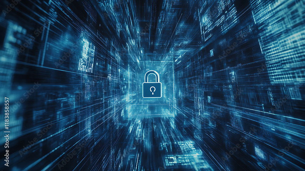 Aufkleber Endpoint detection and response (edr) concept, featuring a padlock symbol within a high-tech, cybersecurity-inspired environment, suggesting data protection and network security