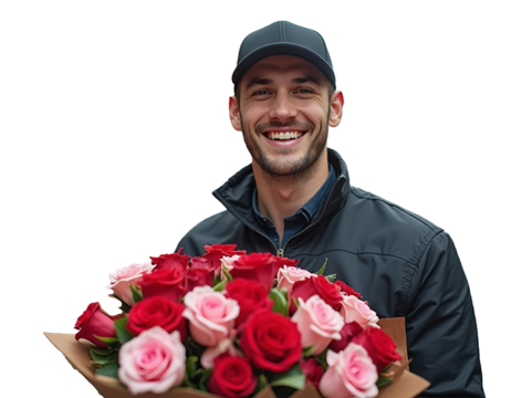 Close-up of a smiling man in a black cap and jacket holding a bouquet of red and pink roses, isolated on a transparent background. Flower delivery concept