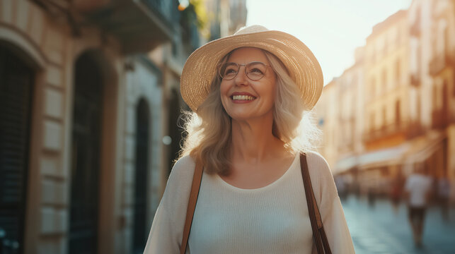 Fototapeta Portrait of stylish happy caucasian woman traveling on the streets in Italy