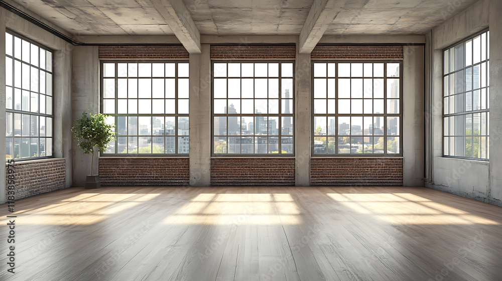 Poster front view of empty loft interior with wooden floor and large windows