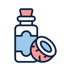 A bottle of coconut oil with a half coconut, ready to use vector