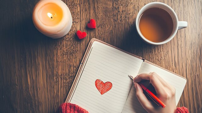 A person is writing a love note in a journal with a red heart drawn on it