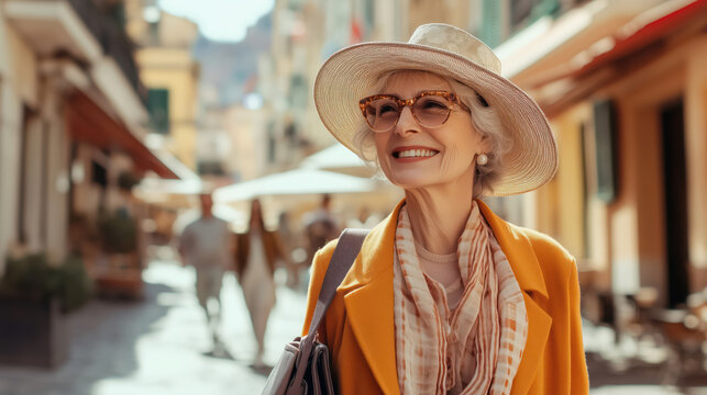 Fototapeta Portrait of stylish happy caucasian woman traveling on the streets in Italy