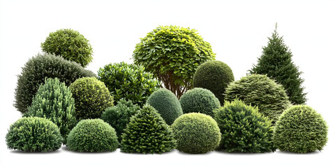 Collection of well-trimmed ornamental shrubs and topiary, including Boxwood, Japanese Holly, and Dwarf Alberta Spruce, arranged in landscape, isolated on a transparent background. PNG, Cut-out