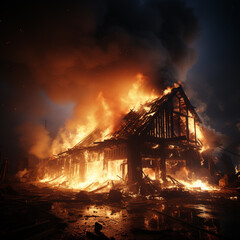 burning wooden house, wooden building on fire,.  Generative AI