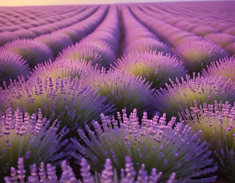 A field of lavender in full bloom under golden hour light.