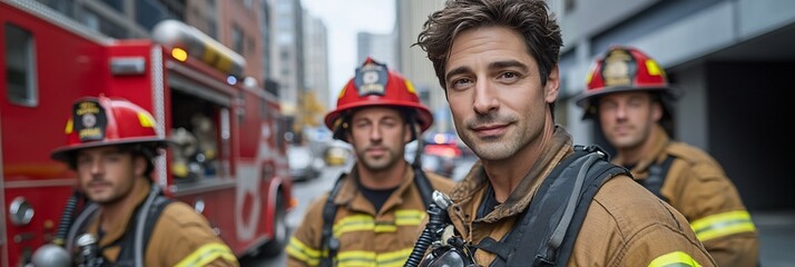 Three firefighters in uniform stand in front of a firetruck in the city.