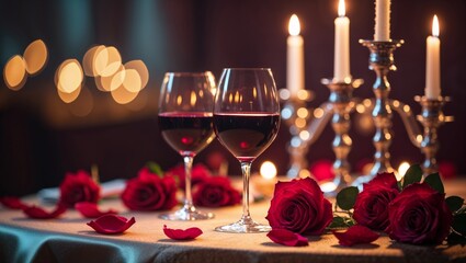 Romantic dinner with candles, red roses, and wine in a cozy evening setting