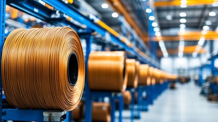 Spools of copper wire in a facility A factory floor showcases rows of copper wire reels, highlighting industrial production and manufacturing efficiency in a well-lit environment.