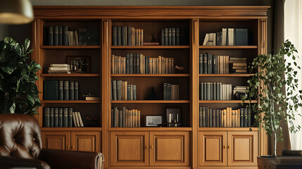 Image showcasing a traditional oak wood bookcase filled with a variety of hardcover books, providing an elegant and intellectual backdrop suitable for virtual meetings and video conferencing