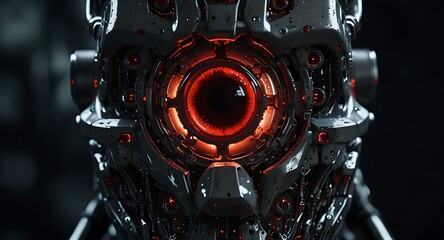 Fototapeta premium A cyborg's face in close-up, showcasing a single red eye and oil tears streaming down its metallic surface. 