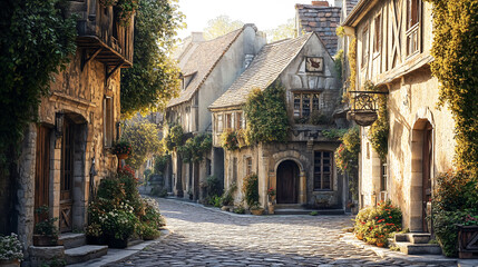 Obraz premium Charming cobblestone street in quaint village with ivy covered stone houses. 