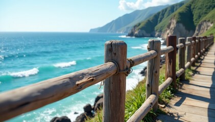 Obraz premium worn wooden railing creaks in the ocean breeze, wood, seaside, ocean