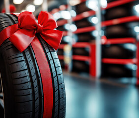 Car tire wrapped with red ribbon in a retail store