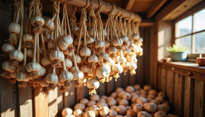 Hanging garlic bulbs drying indoors, rustic harvest atmosphere