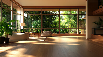 Fototapeta premium Interior of modern office with wooden floor, panoramic window and daylight