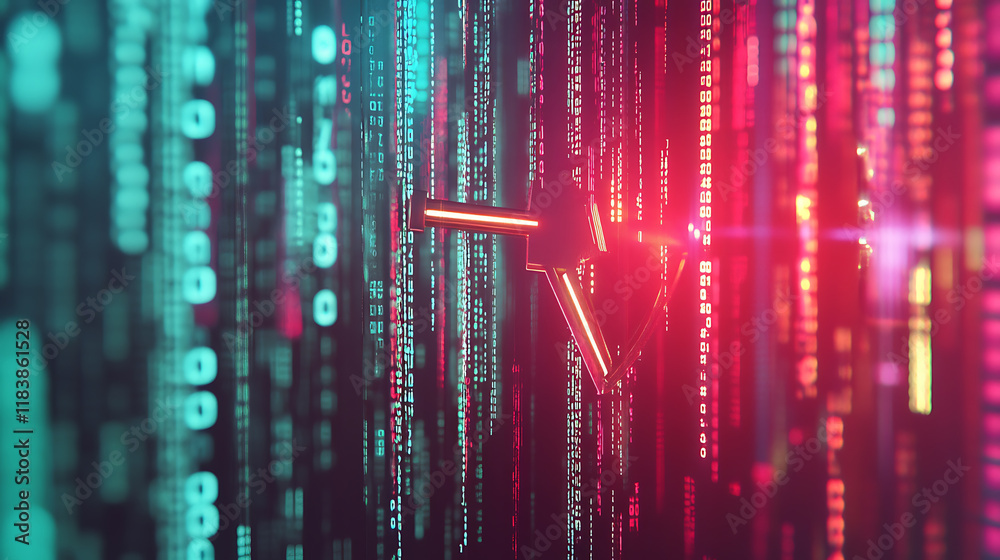 Poster Key on a digital background with binary code, digital security and data protection concept
