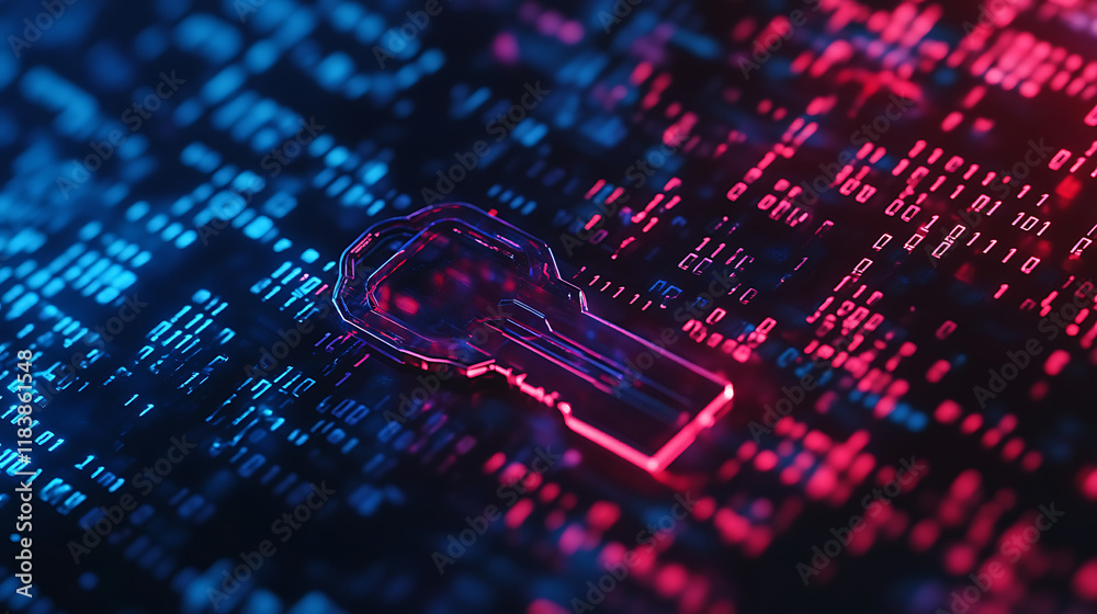 Aufkleber Key on a digital background with binary code, digital security and data protection concept