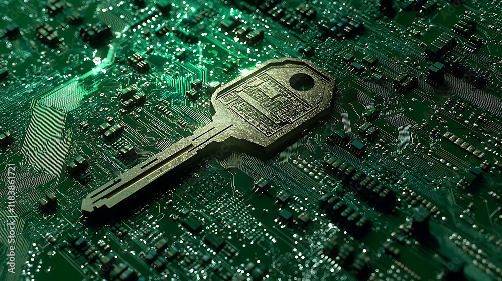 Aufkleber Key on circuit board background with binary code, security concept