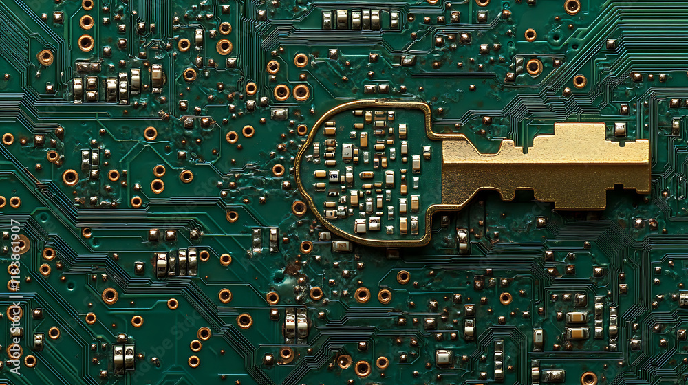 Poster Key on circuit board background with binary code, security concept