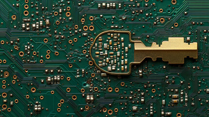 Key on circuit board background with binary code, security concept