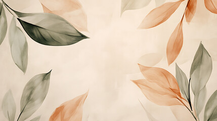 Leaves background in aesthetic minimalism style, soft pastel, neutral colors and beige elements for social media, elegant premium design with minimal style, touch of sophistication to any project