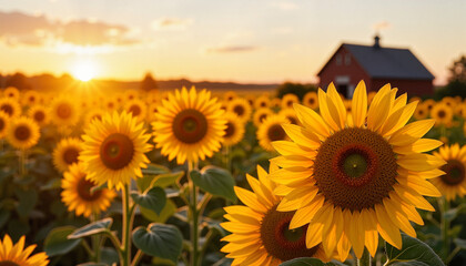 Obraz premium Sunflowers blooming at sunrise in rural field, beauty of harvest