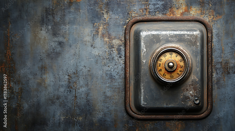 Poster metal safe with a combination lock on a gray background