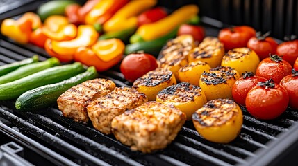Colorful grilled vegetables and marinated meat sizzling on a barbecue, showcasing a delicious outdoor cooking experience.
