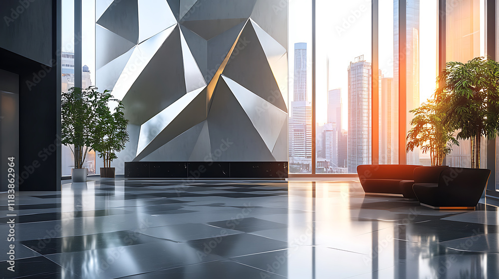 Poster modern business lobby with geometric patterns and cityscape views, innovative, design, structure